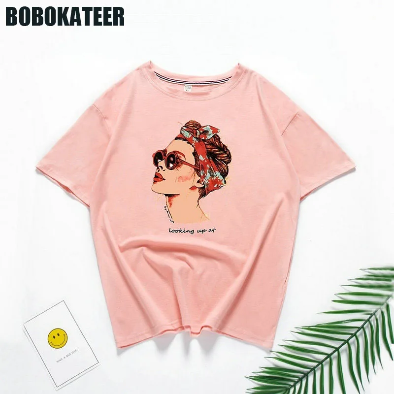 

BOBOKATEER Harajuku White T shirt Women Clothes Vintage Pink Cotton Tshirt Female Tops Short Sleeve Tee Shirt Casual Summer 2021