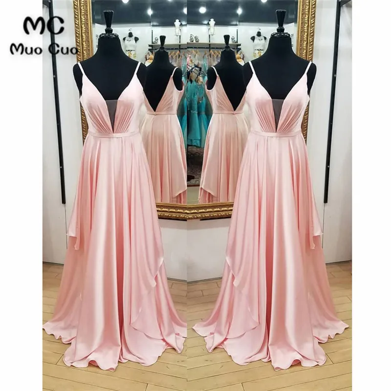 

2018 Outstanding Prom Dresses Long with Pleat Double Deep V-Neck Spaghetti Straps Satin Formal Evening Party Dress Custom Made