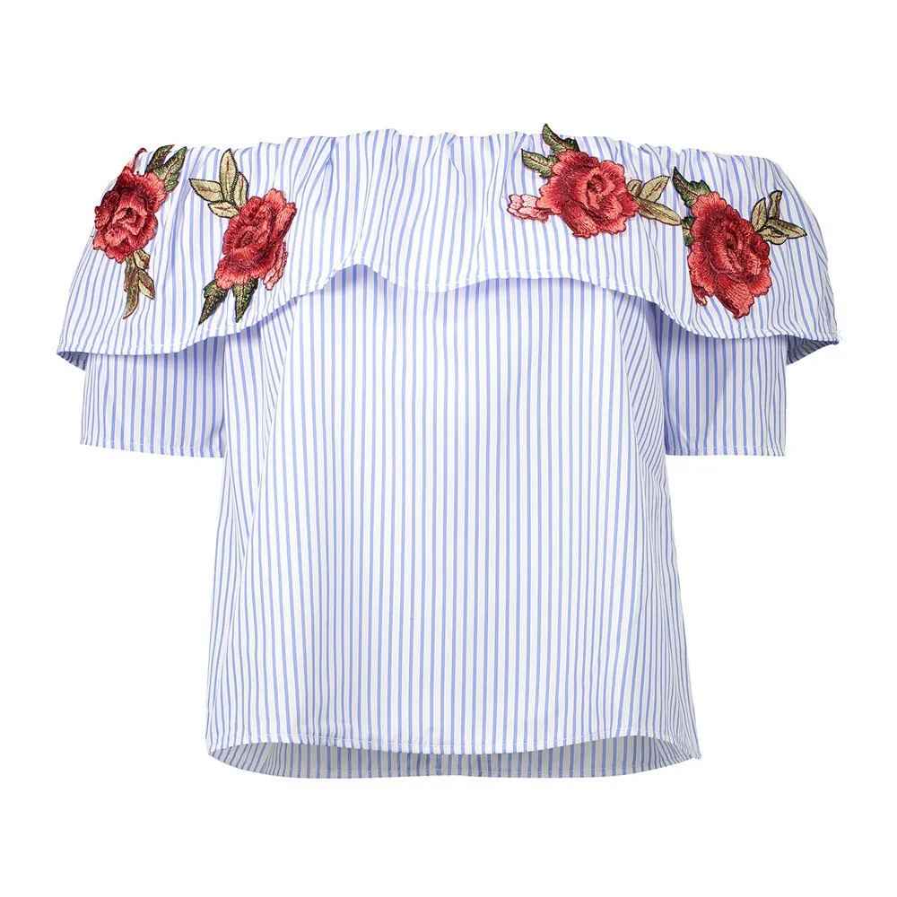 

Fashion Women Rose Embroidery Striped Half Sleeve Off Shoulder Ruffle Casual Shirt