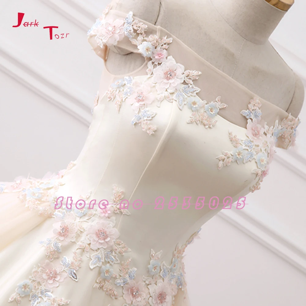Jark Tozr New Arrive Boat Neck Short Sleeve Colorful Appliques Flowers Shiny Beading Crystal Satin Wedding Dress Casamento | Свадьбы и