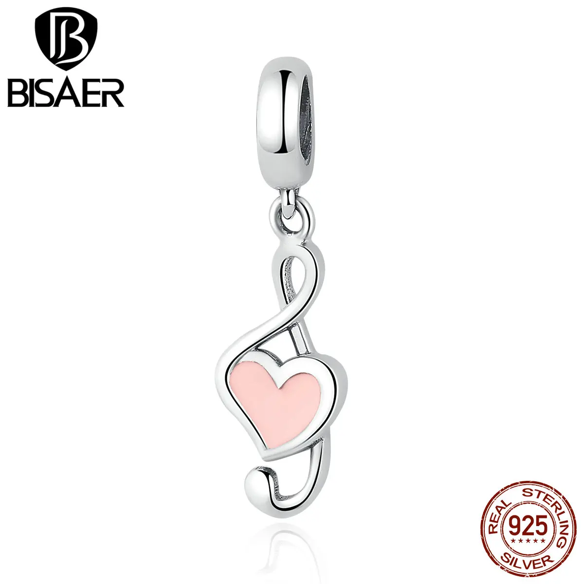 BISAER, 925 пробы, серебряное, розовое сердце, подвеска, подвеска в форме ноты, подходят к оригинальному пану, браслеты, женская мода, сделай сам, ювелирное изделие, HSC110