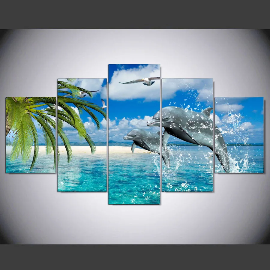 

Frameless 5 Pieces Modern hd leaping porpoises Home Wall Decor Canvas Picture HD Print Painting On Canvas For Living Room