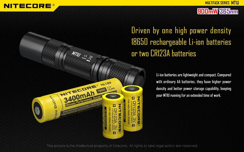NITECORE MT1U Ультрафиолетовый светодиодный 365нм длина волны холодный светильник удобный Ультрафиолетовый вспышка светильник большой мощности УФ светодиодный фонарь