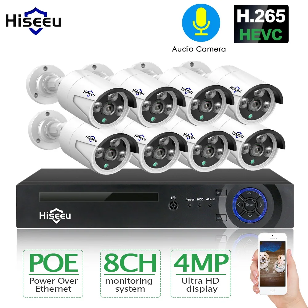 H.265 8CH 4MP POE камера безопасности CCTV система POE NVR Открытый водонепроницаемый комплект видеонаблюдения Hiseeu