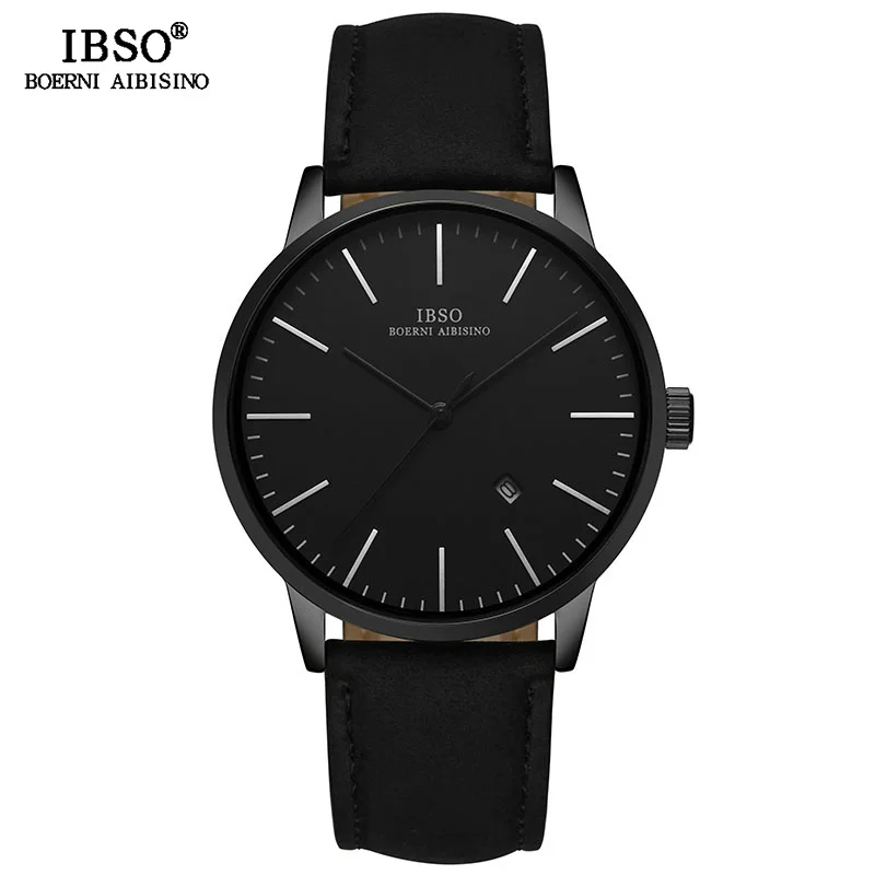 IBSO брендовые простые кварцевые часы для мужчин Reloj Hombre Модные мужские наручные часы с кожаным ремешком Роскошные мужские часы Relogio Masculino - Цвет: Черный