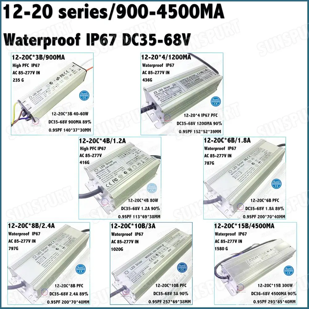 Водонепроницаемый светодиодный драйвер IP67 PF 40 300 Вт 12 20series 3 параллельный а А adc35 68