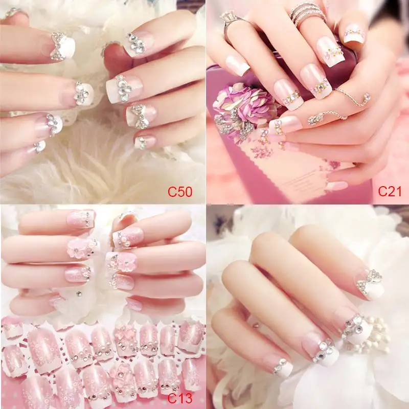 24 Pcs/Set 3D Fake Nails With Glue Wedding Bride Full Nail Tips Middle-Long Cute French False CD88 | Красота и здоровье
