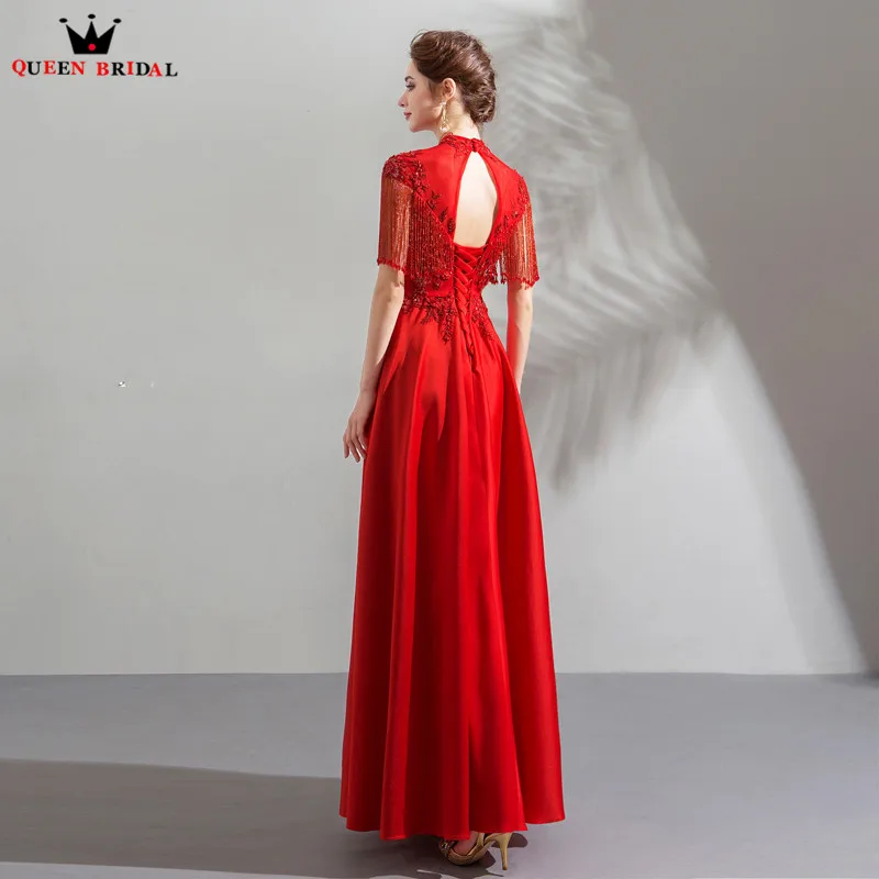 A-line High Neck Lace Beading Crystal Elegant Formal Red Evening Dresses 2018 New Arrival Gown Robe De Soiree JU59 | Свадьбы и