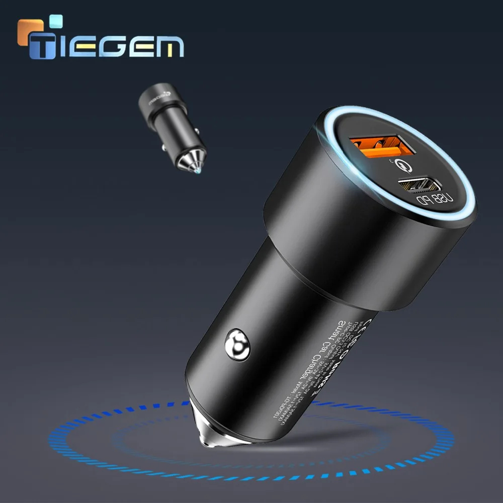 Автомобильное зарядное устройство TIEGEM QC3.0 с двумя USB-портами для iPhone USB Type-C PD Quick