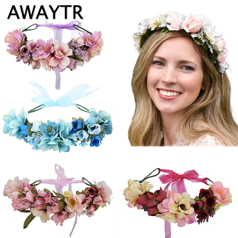 

AWAYTR New Fashion Boho Bride Flower Crown Headdress Women Wedding Hair Accessories Wreath Girl Floral Headband for Party Photo