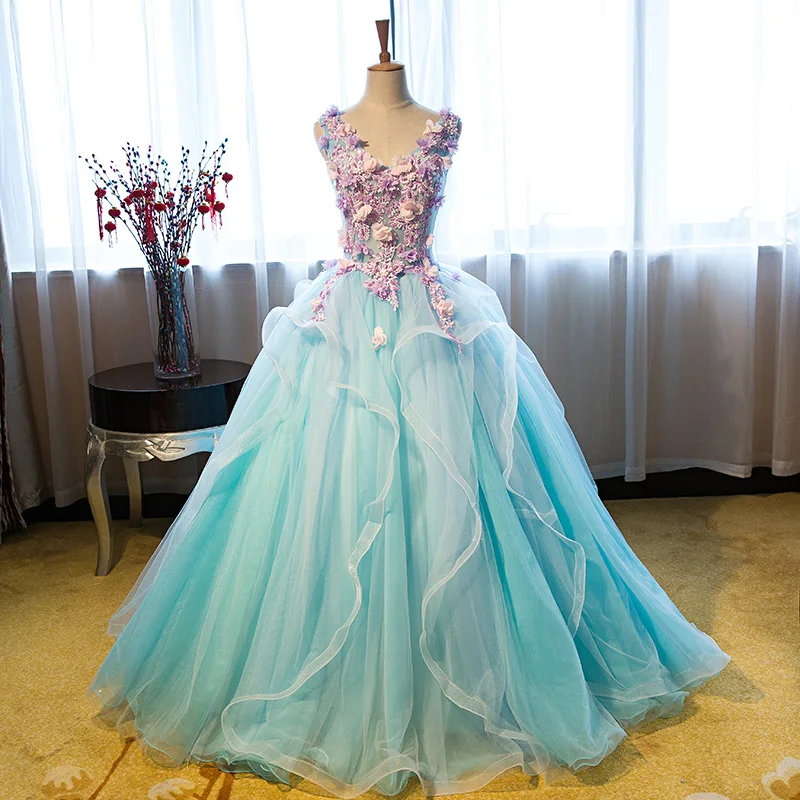 2017 Sweet V-Neck Sleeveless Sky Blue Formal Evening Party Long Dresses Purple Flowers Appliques Stage Solo Pageant Costume | Свадьбы и
