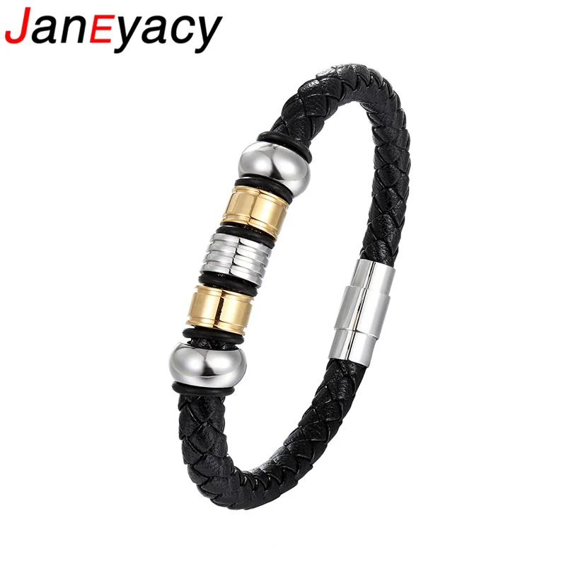 Janeyacy панк мужские ювелирные изделия черный кожаный браслет Pulsera нержавеющая