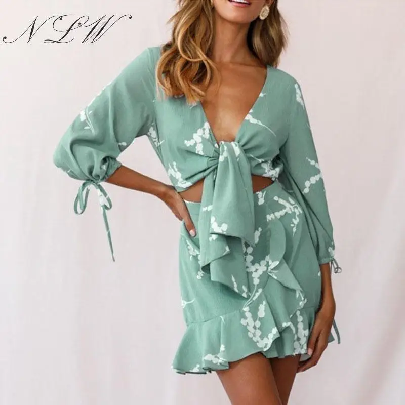 NLW женское платье с рукавами фонариками богемное шикарное короткое рюшами 2019