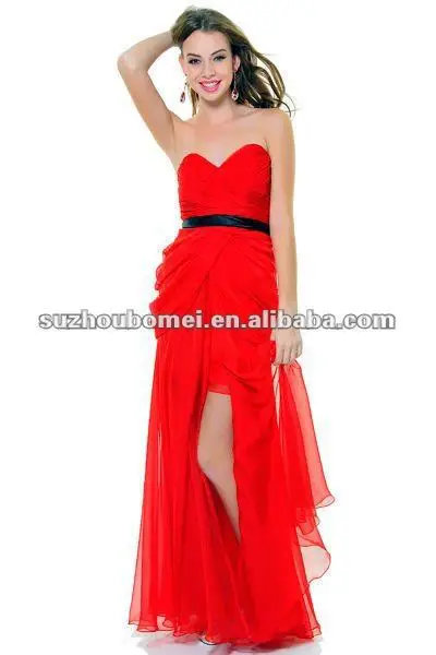 Discount Prom Dresses -2012 Top Design Sweetheart Red Chiffon Floor Length Fashion Black Sash Sexy High Split Dr | Свадьбы и