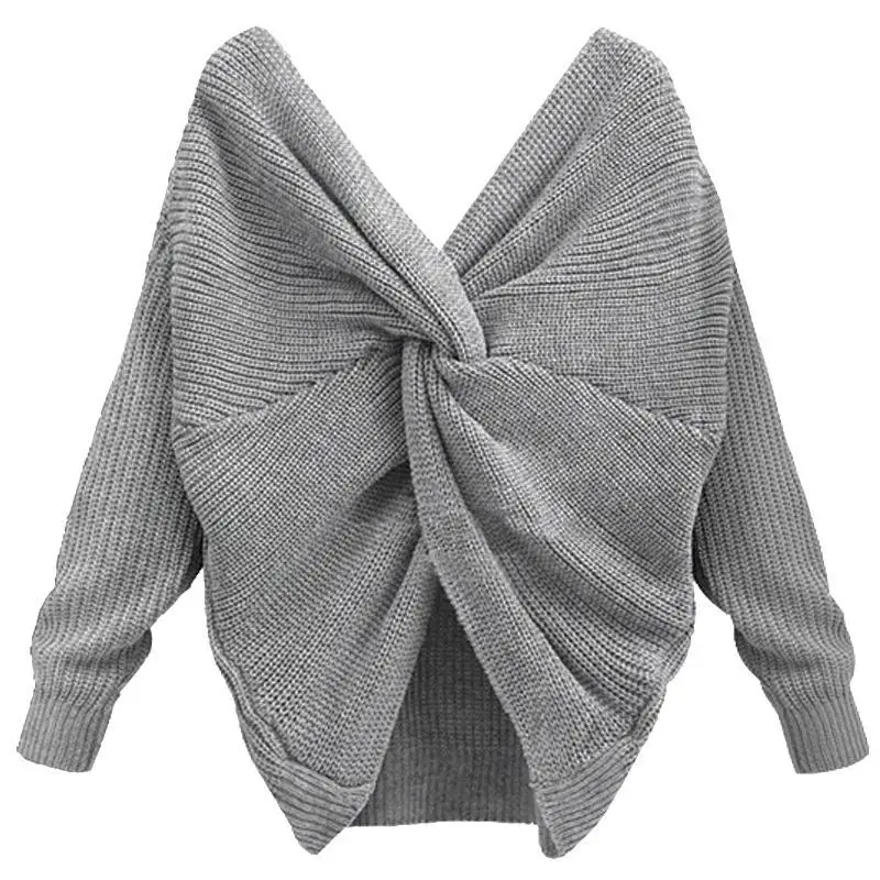 

MISSKY Women V-Neck Backless Sweater Fashionable Cross-Wrap Reversible Pullover For 2018 Autumn Winter