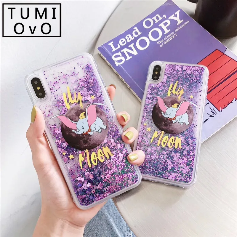 Мультфильм Луна слон Дамбо динамический Жидкий блеск Чехол для iPhone X XR XS Max мягкий TPU для iPhone 8 7 6 6 S плюс 5 5S SE чехол
