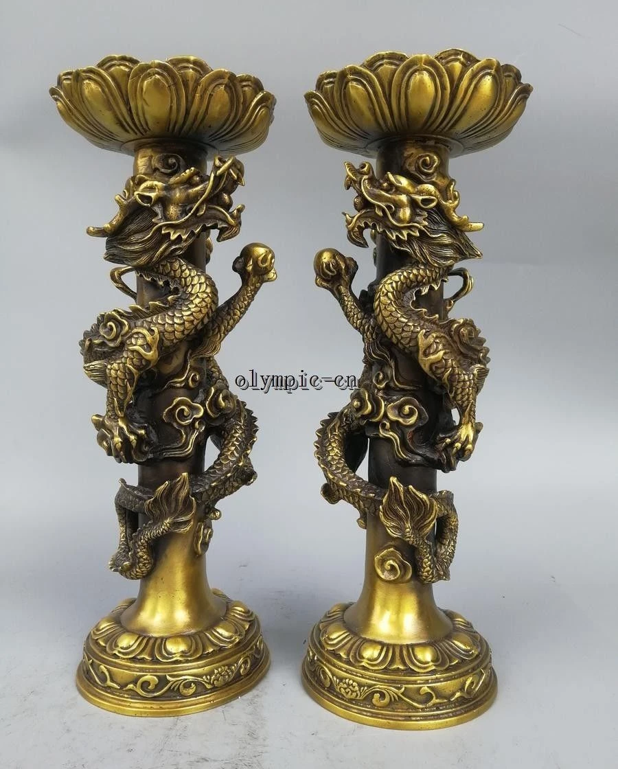 

Pair 15'' Brass carved consecrate Dragon Pillar Lotus candle candlestick statue