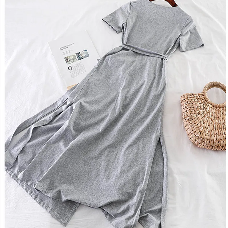 SKOONHEID Women Split Cotton Long Wrap Dress Sexy V Neck Short Sleeves Casual Sundress New Summer Elegant Large Size Solid | Женская