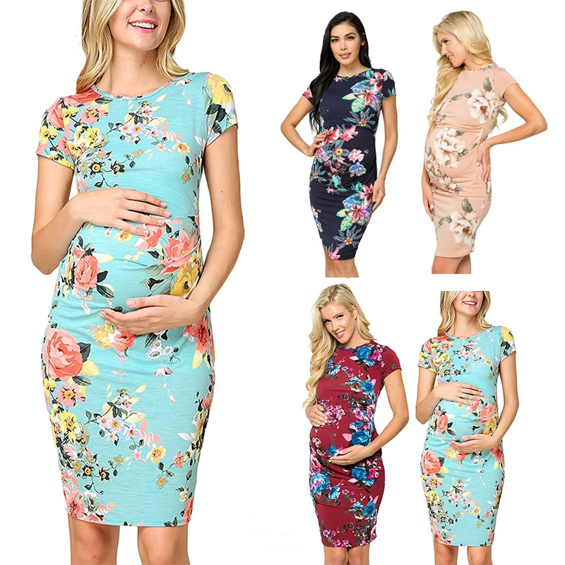 Women Maternity Dresses Fashion Short Sleeve O-neck Printed Pregnant Maternity Dress Flower Patry Clothes Pregnancy Clothing