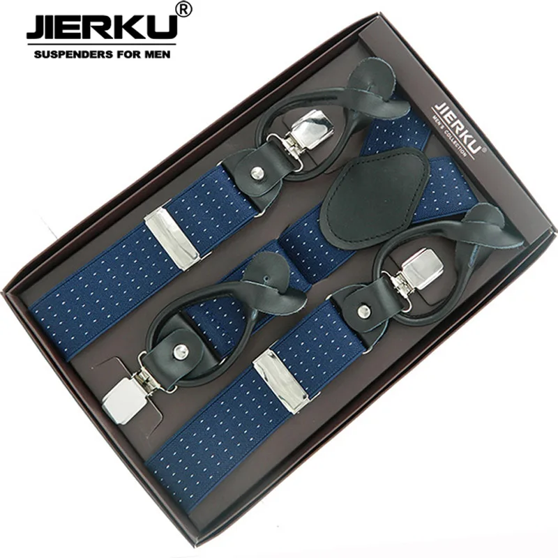 blue with white dot JIERKU подтяжки из натуральной кожи мужские подтяжки 3 зажима подтяжки на кнопках брюки ремень подарок для отца/мужчины - Цвет: blue with white dot