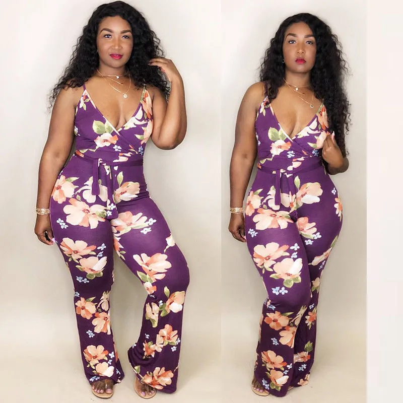 

New Women Backless Romper Fashion 2018 Ladies Clubwear Summer Playsuit Bodycon Party Purple Floral Printed Jumpsuit Long Trouser