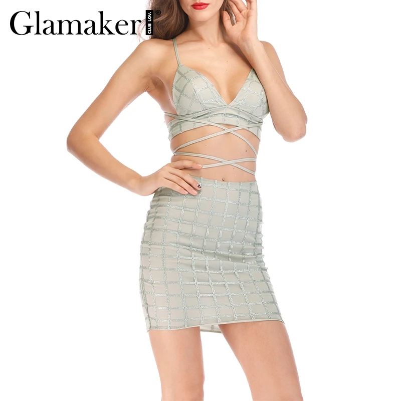 Glamaker Sequin клетчатое кружевное сексуальное платье женское без спинки комплект из