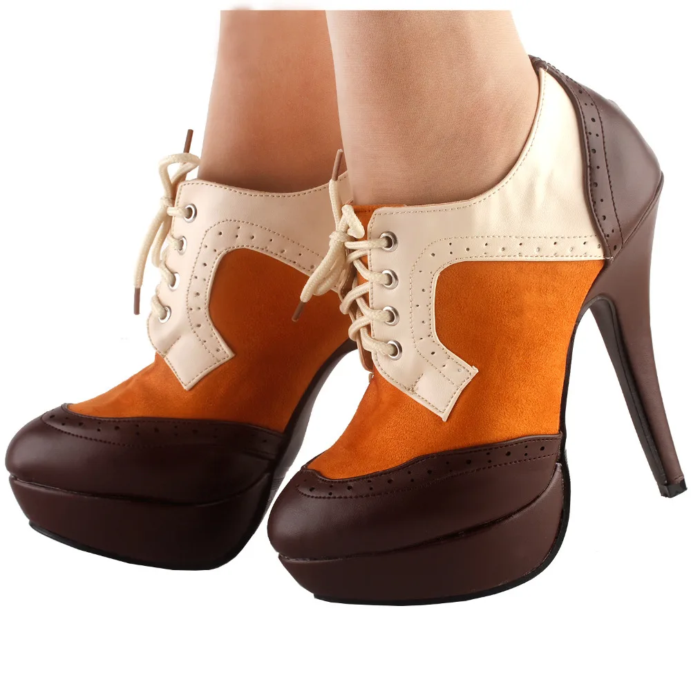 

LF30312 SHOW STORY Retro Brown Beige Lace-Up Platform Stiletto Ankle Boot Bootie