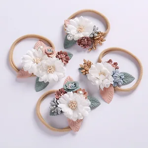 24 шт.лот, бутик принцессы тканевый цветок с нейлоновой повязкой на голову для девочек, детская повязка на голову с цветами, Детские аксессуары для волос для девочек