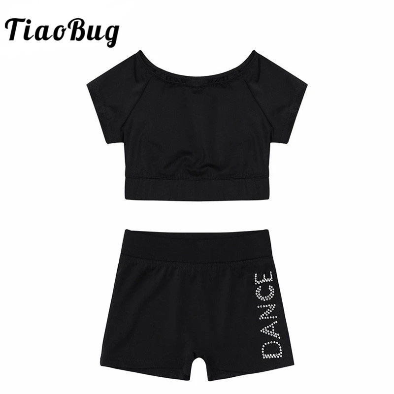 TiaoBug Girls Black Short Sleeve Tankini Crop Top Shorts Set Child Ballet Dance Sports Workout Gymnastics Suits Kids Wear | Тематическая