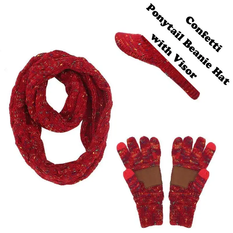 B-Confetti-Wine red Ponytail Beanie Women Scarf Hat Glove Sets Knitted Winter Cap Warm Skullies Beanies Woolen Hats Casual Female Slouchy Knit Caps - Color: B-Confetti-Wine red