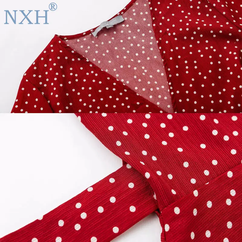 NXH красное платье в горошек летнее с коротким рукавом v-образный вырез