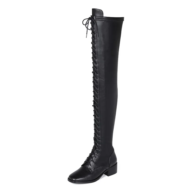 black cow leather ASUMER new over the knee boots women square toe zip lladies boots cross tied mesh heels Motorcycle boots women big size - Color: black cow leather