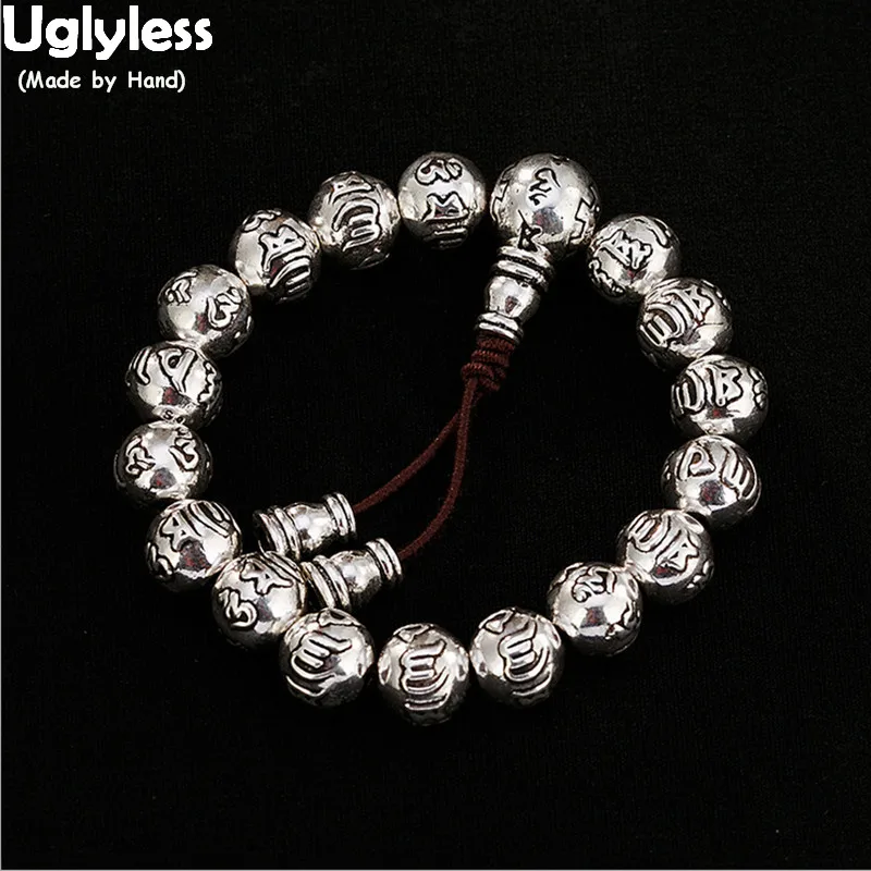 

Uglyless Free Size for All 925 Silver Elastic Rope Beading Bracelets for Buddhists Six-word 10MM Beads Bangle Religious Jewelry