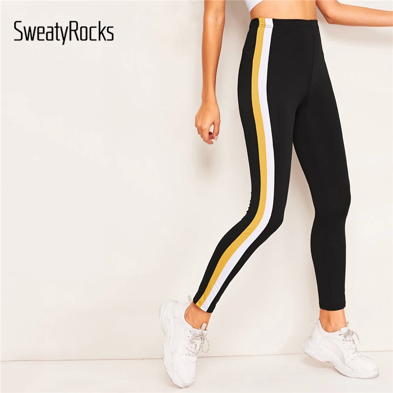 SweatyRocks, цветные облегающие леггинсы с боковыми вставками, женские черные леггинсы с эластичной резинкой на талии, спортивная одежда, леггинсы для фитнеса,, весенние леггинсы для тренировок