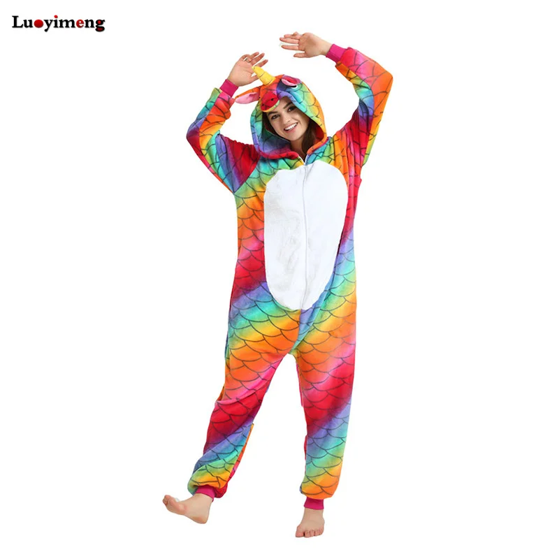 Для женщин Радуга Pijama полный фланель красная рыба пижамы Onesie взрослых костюмы