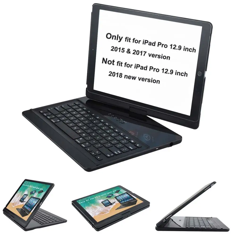 Для iPad pro 12,9 чехол с клавиатурой и Беспроводная bluetooth-клавиатура с поворотом на 360 градусов с функцией автоматического сна/пробуждения - Цвет: Black