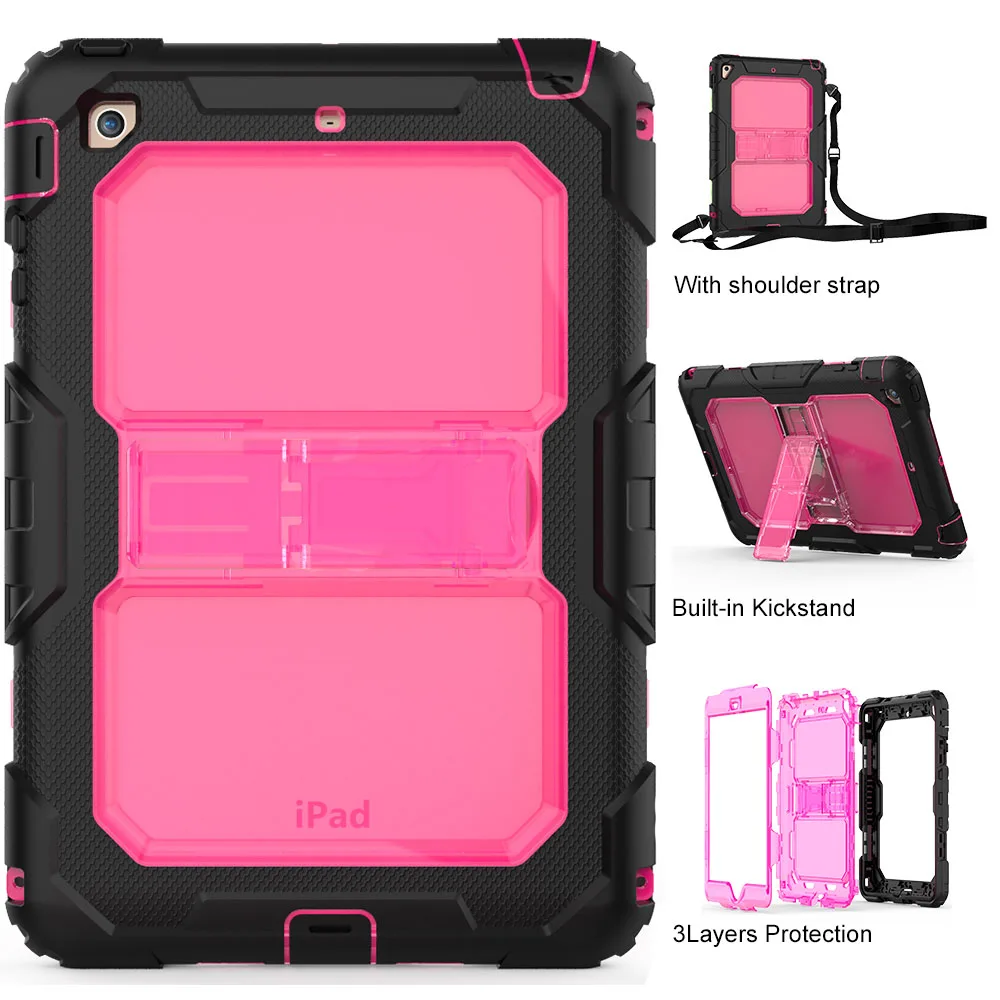 hot pink Для iPad Mini чехол для тяжелых детей PC прочный, гибридный, ударопрочный чехол-подставка для Apple iPad Mini 1 2 3 чехол s плечевой ремень - Цвет: hot pink