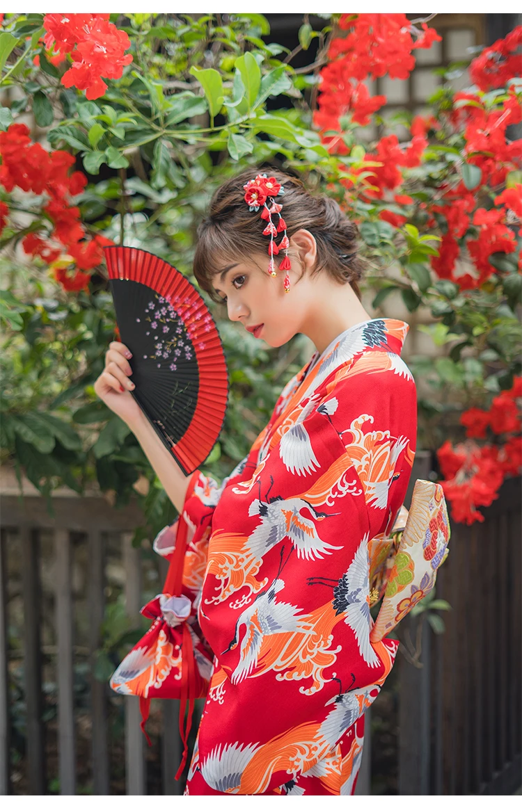 Женское японское кимоно красного цвета с принтом журавля Yuaka Robe, одежда для косплея, одежда для выступлений на сцене/фотосъемки
