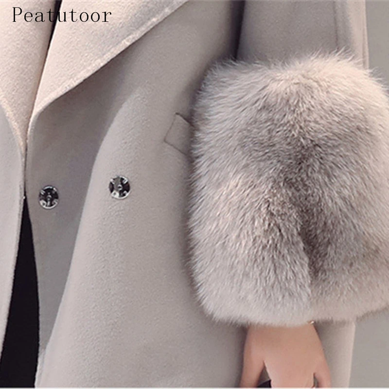 

2019 New Winter Wool Coats Women Fashional Fur Sleeve Cashmere Gray Casual Double Breasted Long For Female Slim Women's Fur Coat