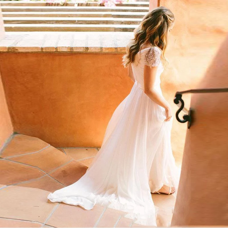 Белый Шифон Свадебные Платья Дешевые Рукава Cap Пляж Vintage Backless Летние Партии |