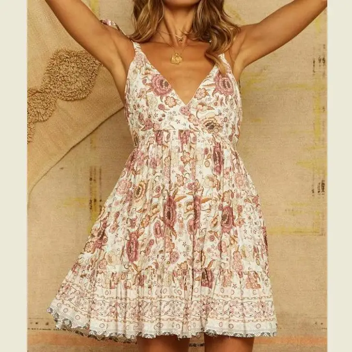Женское летнее платье с открытой спиной Пляжное цветочным принтом и мини поясом