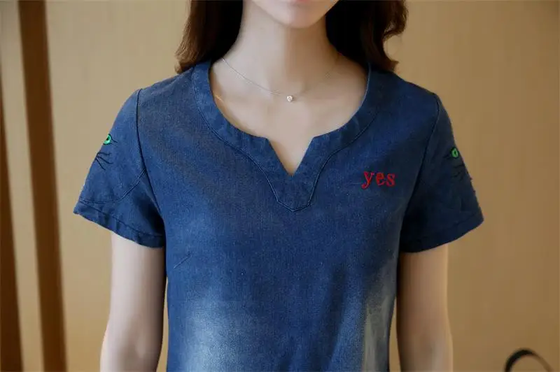 Женское джинсовое платье с коротким рукавом и Вышивкой Букв | Женская одежда