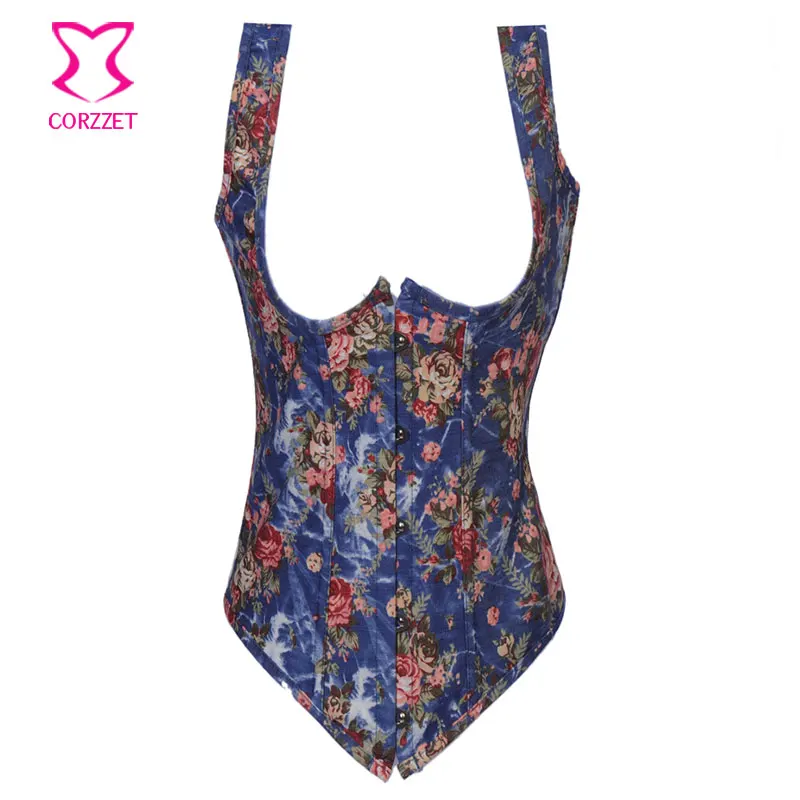 Синий цветочный джинсовый сексуальный утягивающий корсет с бретелькой через шею