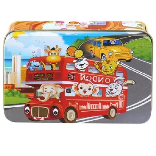 Animal-Bus-100pcs Монтессори деревянная настольная игра-головоломка штук с металлической коробкой 60/100/200 шт. Juguetes IQ образования детей 3 лет с принтом Бэтмена из мультфильма животное - Цвет: Animal-Bus-100pcs