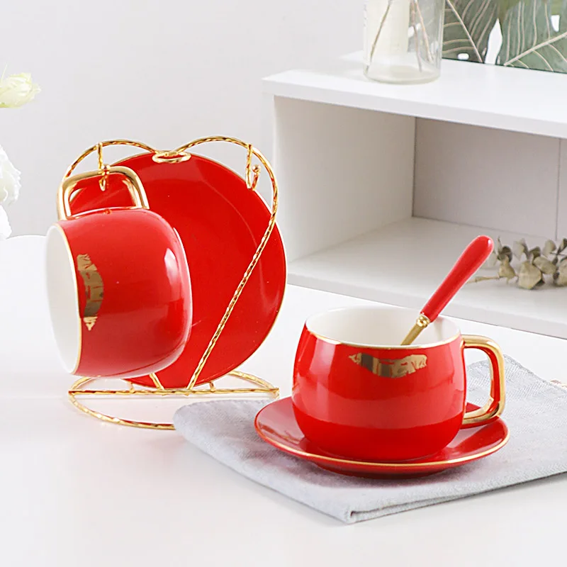 2-piece set Red Модный набор кофейных чашек с принтом губ, фарфоровый набор чайных чашек из костяного фарфора, Набор чашек и блюдцев, чайные вечерние стаканы, свадебные подарки - Цвет: 2-piece set Red