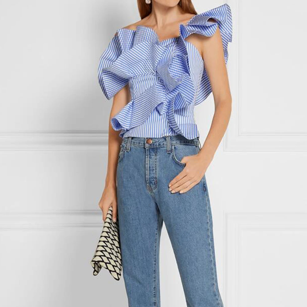 Женская хлопковая Футболка KoHuiJoo однотонная белая/синяя футболка на одно плечо с