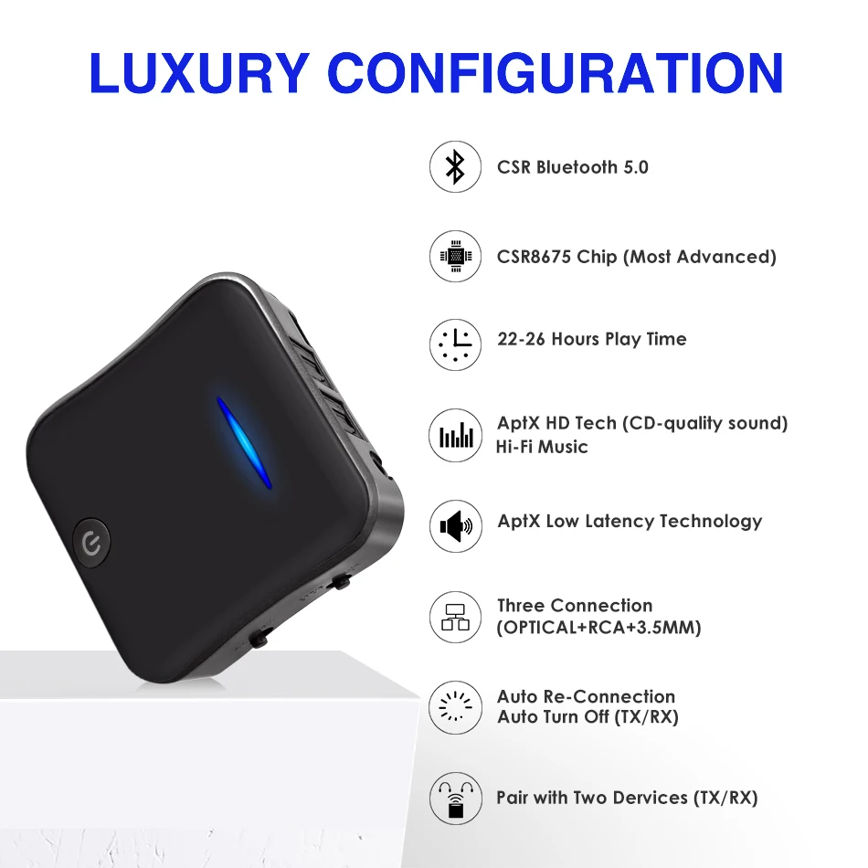 Hevaral Bluetooth 5 0 2 в 1 аудио передатчик приемник CSR8675 Aptx HD адаптер оптический Toslink/3 мм