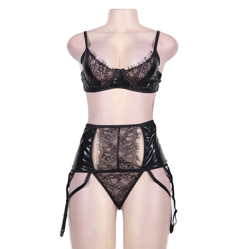 Сексуальное женское белье искушение лакированная кожа бюстгальтер стринги