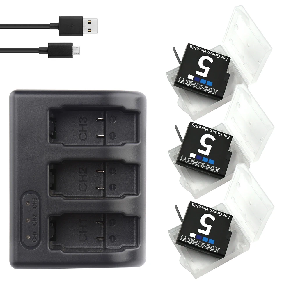 

AHDBT-501 аккумулятор + аккумулятор USB с 3 слотами зарядное устройство для GoPro Hero 7 6 5 Black Sports Camera Go Pro 7 аксессуары для экшн-камеры
