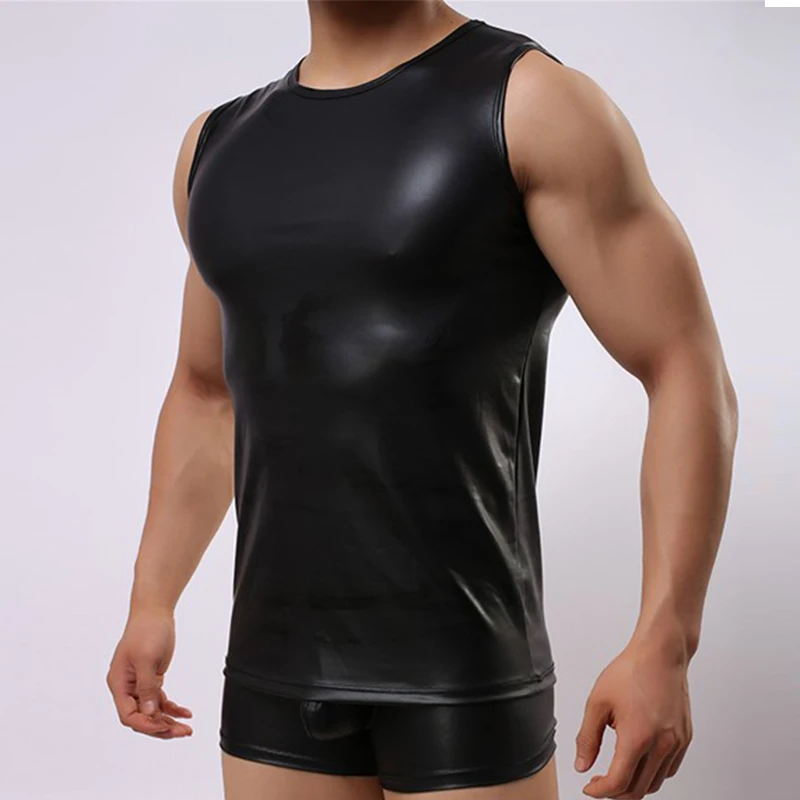 Мужские майки для фитнеса Skinner сексуальные топы из искусственной кожи майка